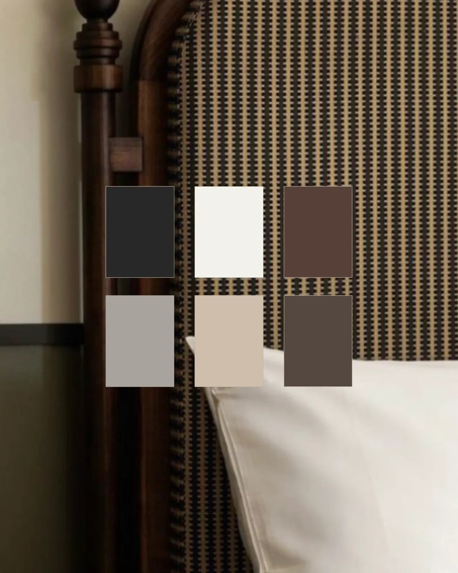 Close-up of a bed with a striped brown headboard and wooden post, overlaid with color swatches in dark gray, white, brown, light gray, beige, and taupe.