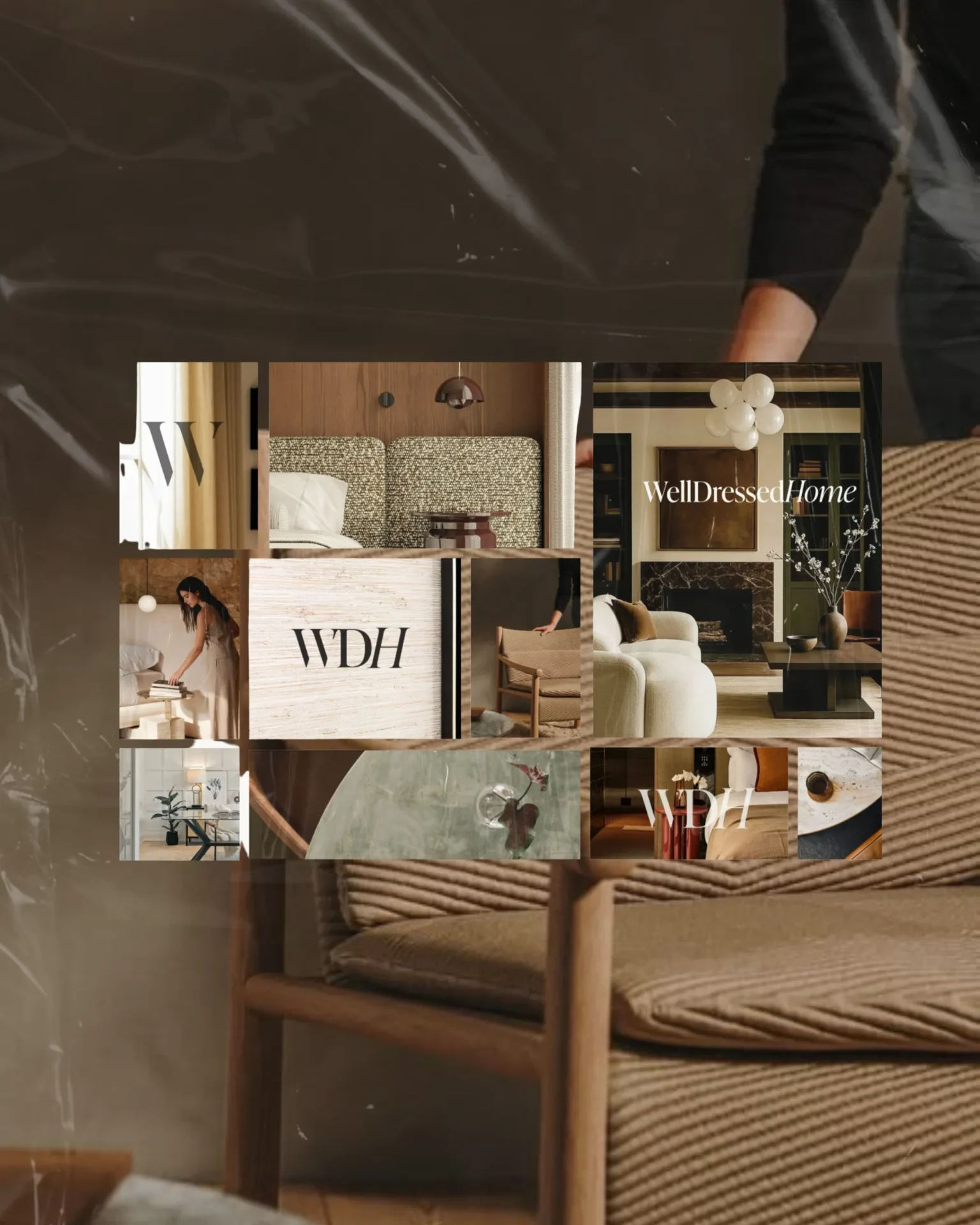 Collage of interior design photos arranged in a grid on a dark background, featuring sofas, decor, and a WellDressedHome layout.