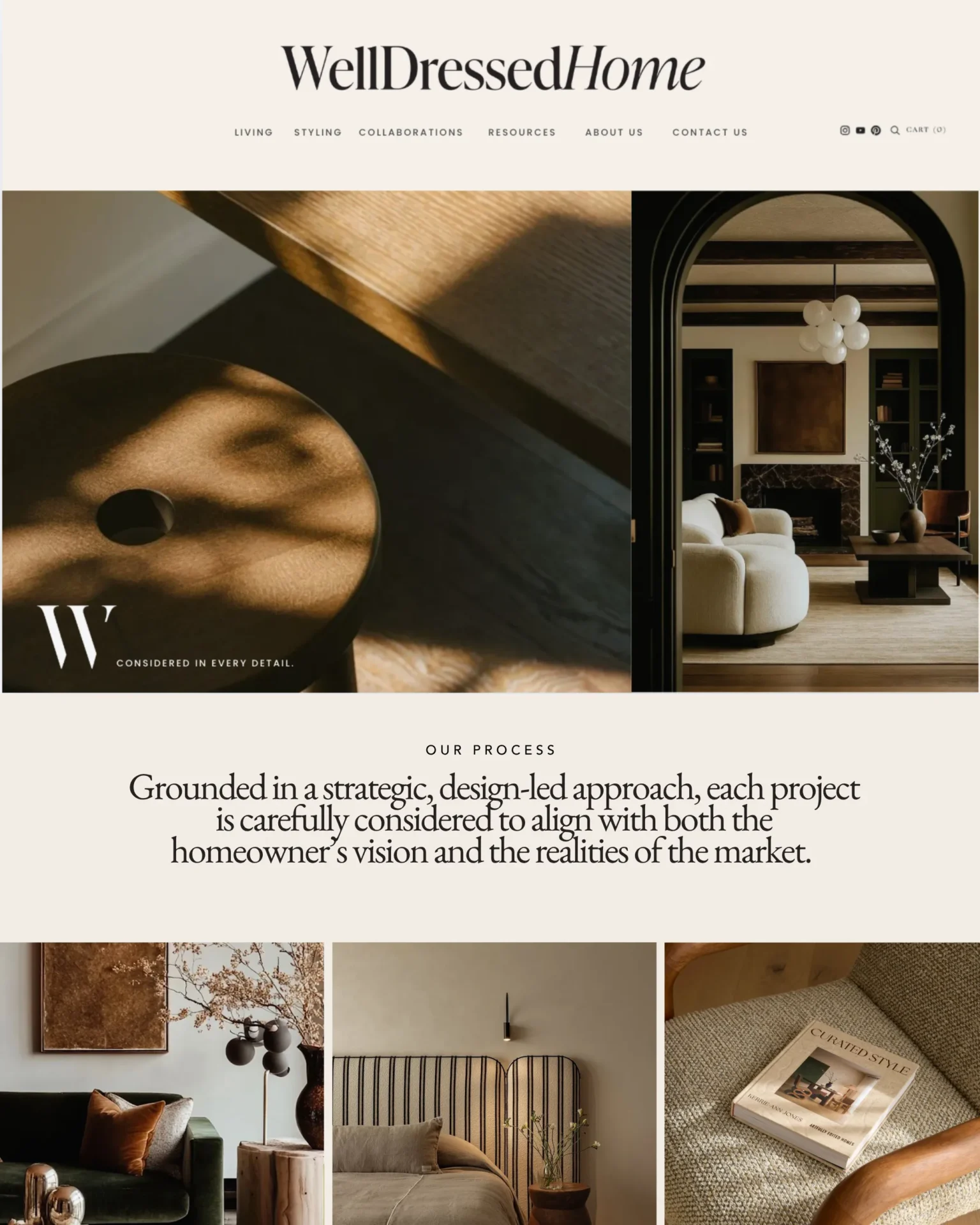 Collage of warm interior design images: left a close-up wood/grain detail, right an arched doorway opening to a living room with sofa and fireplace; 'Our Process' heading visible below.