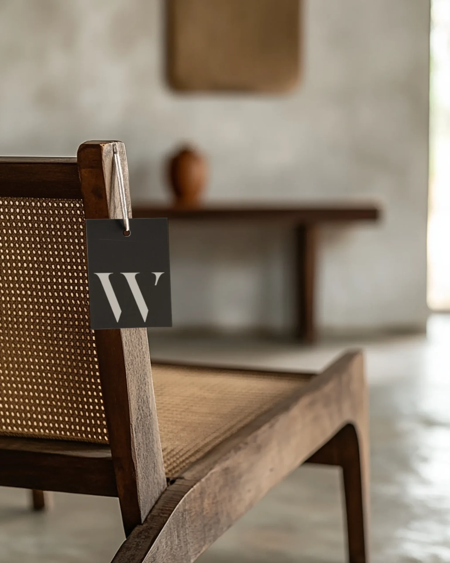 Close-up of a wooden chair with a woven cane back, a hanging black tag reading 'W' attached to the corner.