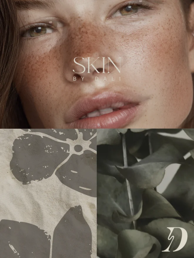 Close-up of a freckled woman's face with the SKIN BY DALI logo; split collage includes abstract gray shapes and leafy imagery at the bottom.