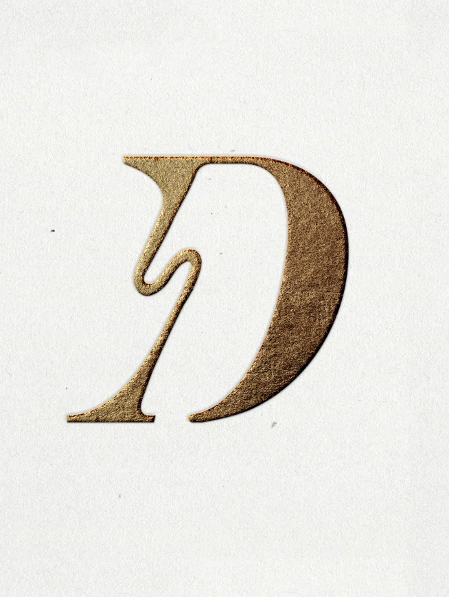 Gold capital letter D on a light textured background (decorative serif style)