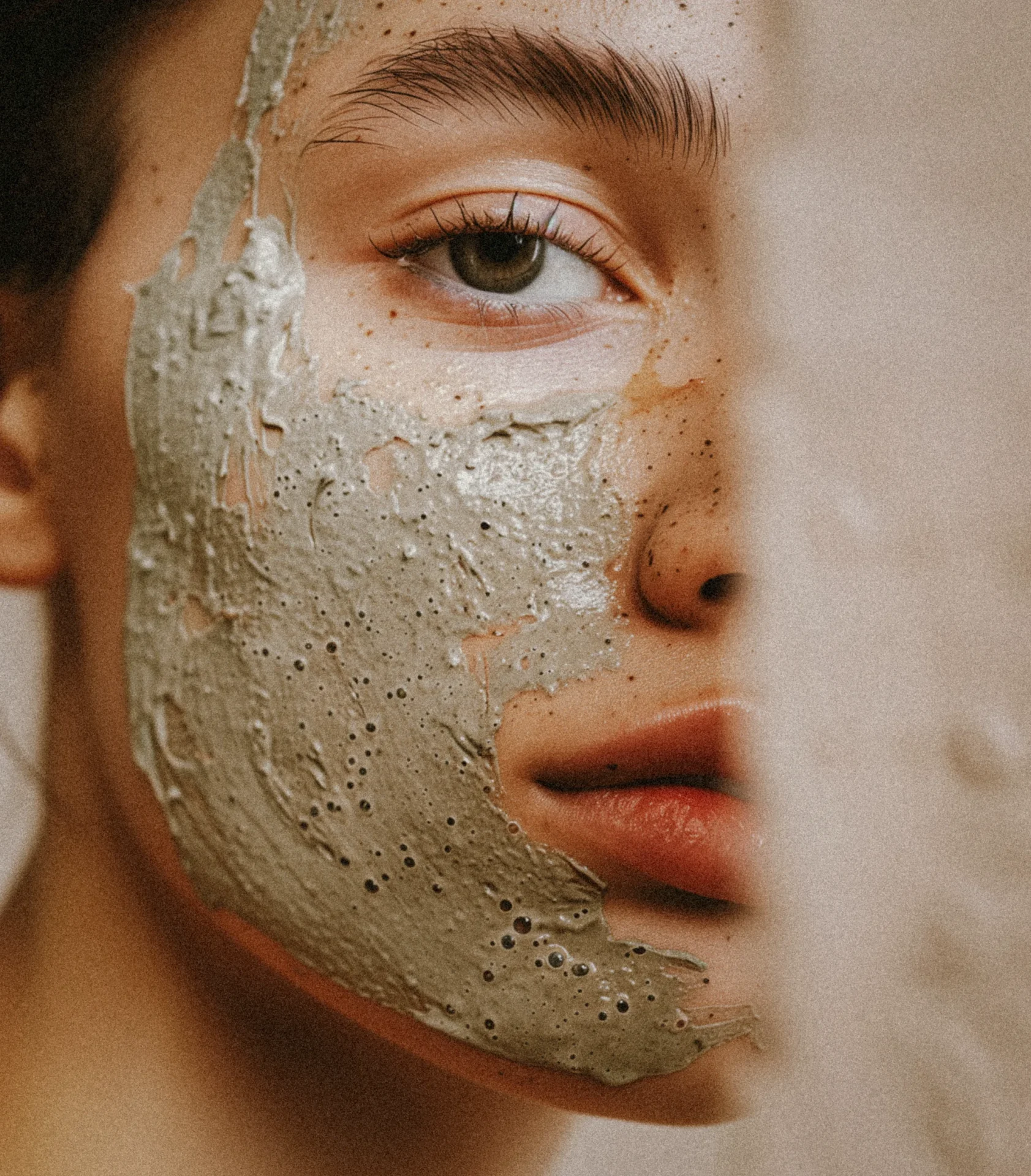 Close-up of a face with a gray clay mask covering the cheek, eye visible and lips partially shown, skin with freckles nearby.