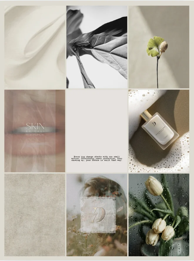 Collage of soft beige textures, a plant sprout, perfume bottle, and skincare imagery conveying a calm luxury beauty aesthetic.