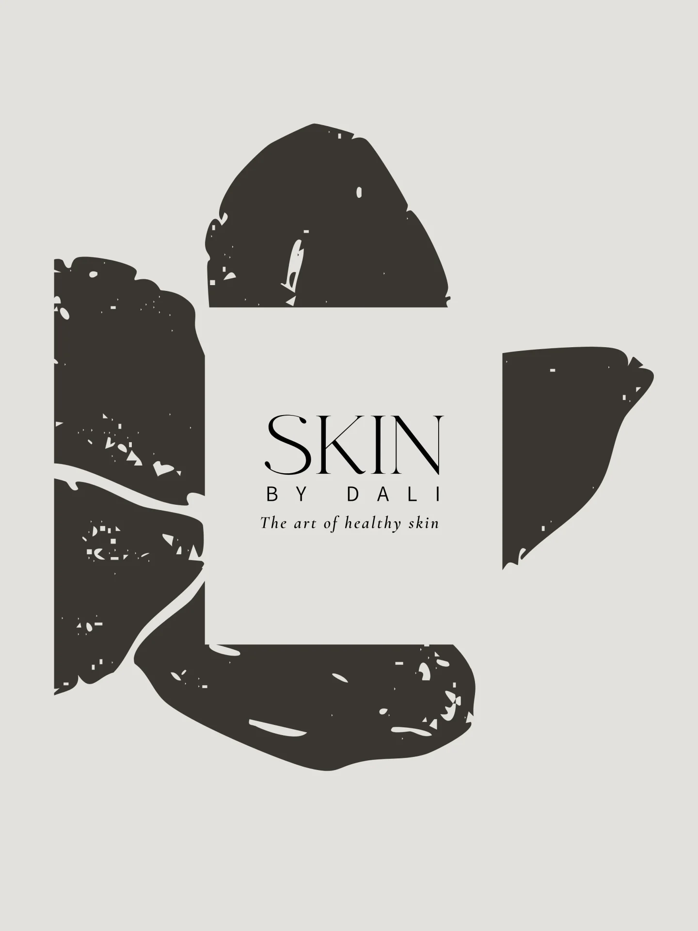 Poster for Skin by Dali with the slogan 'The art of healthy skin' and bold black abstract shapes on a pale background.