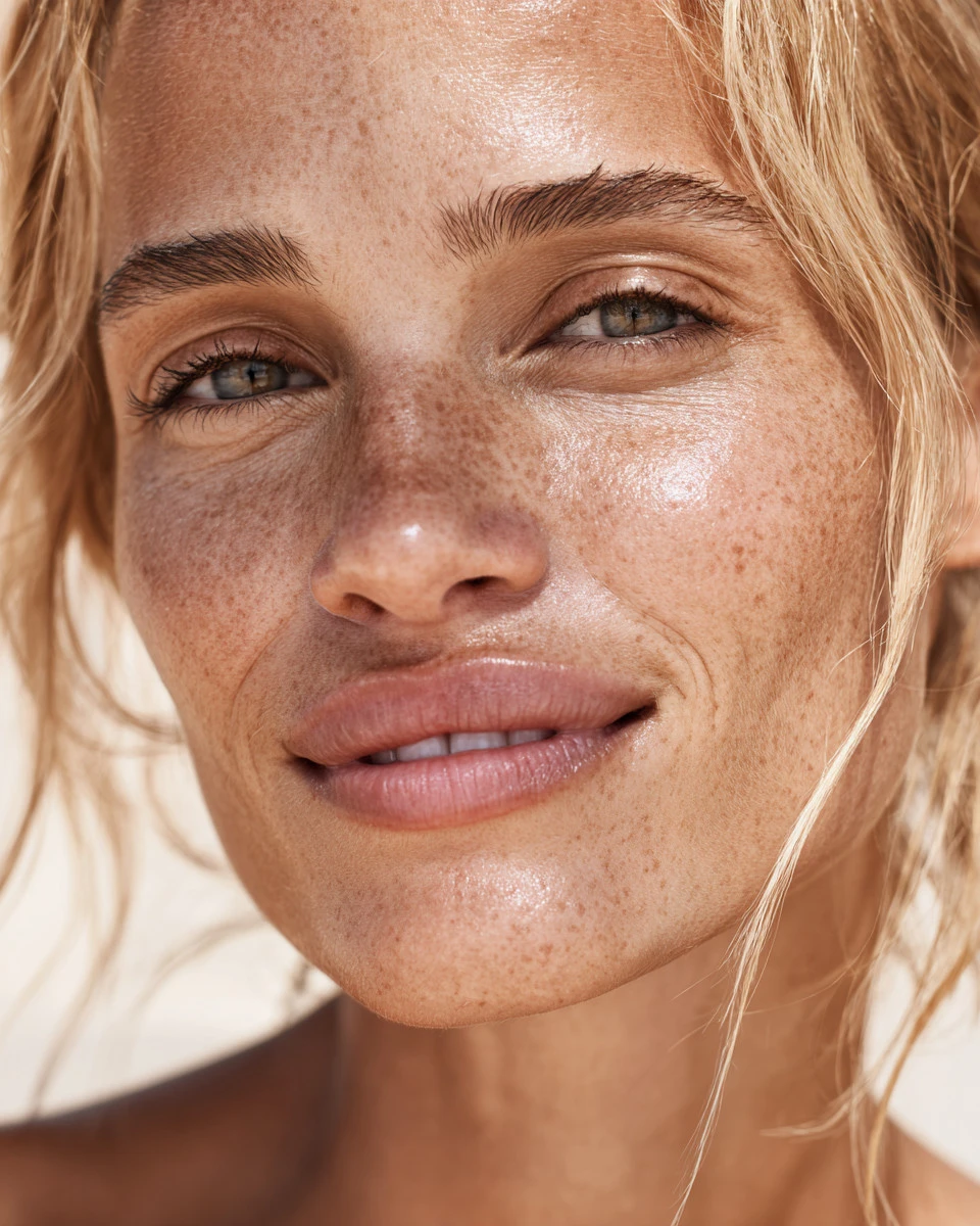 Close-up of a smiling woman with freckled skin and light blonde hair in sunlit lighting.