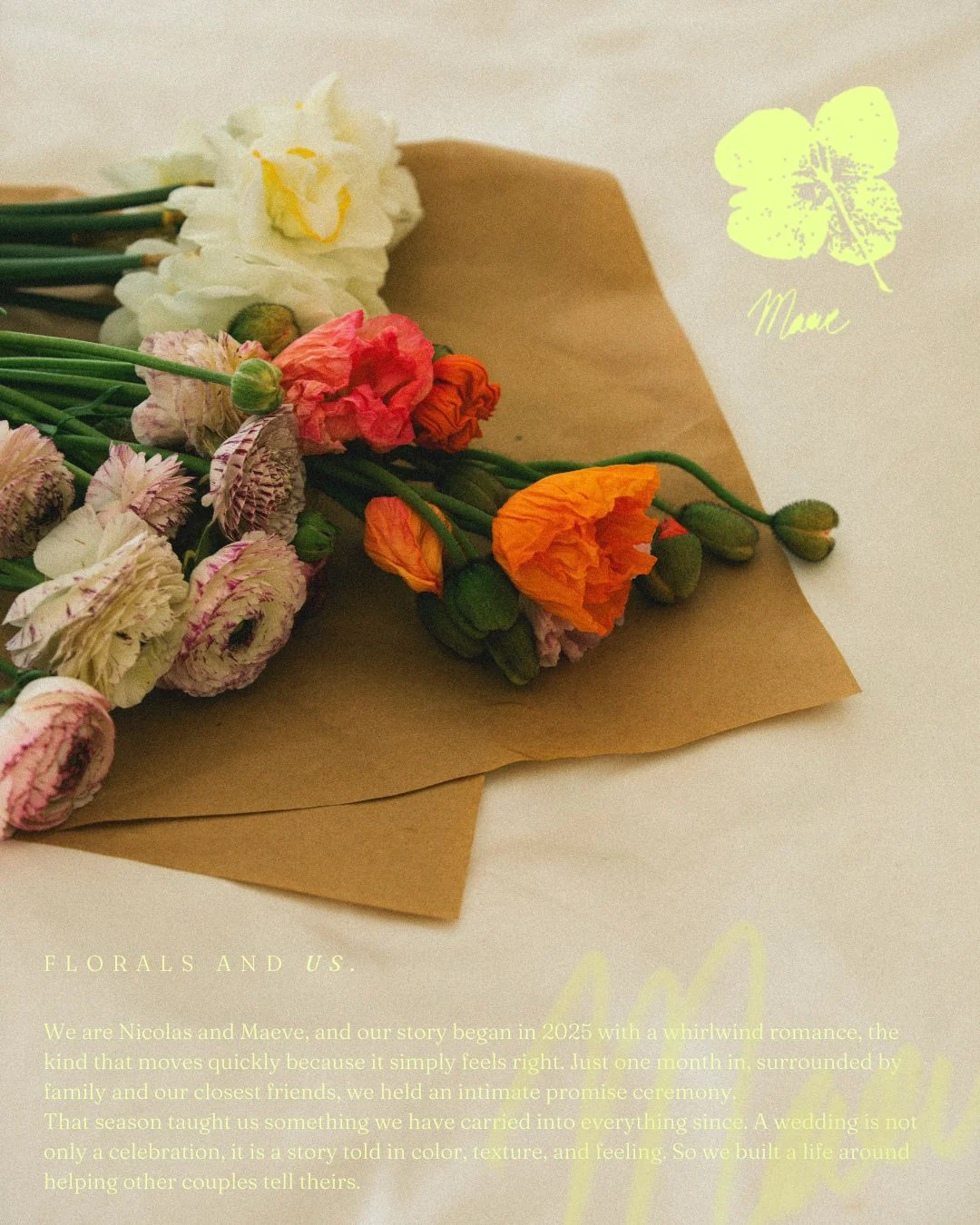 Maeve Wedding Floristry website design with terracotta background, hand-stamped yellow floral logo, handwritten Maeve wordmark, black and white couple photography, and a tulip photo, wedding florist branding by The Good Canvas