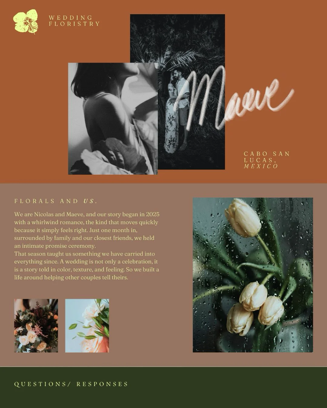 Maeve Wedding Floristry website design with terracotta background, hand-stamped yellow floral logo, handwritten Maeve wordmark, black and white couple photography, and a tulip photo, wedding florist branding by The Good Canvas