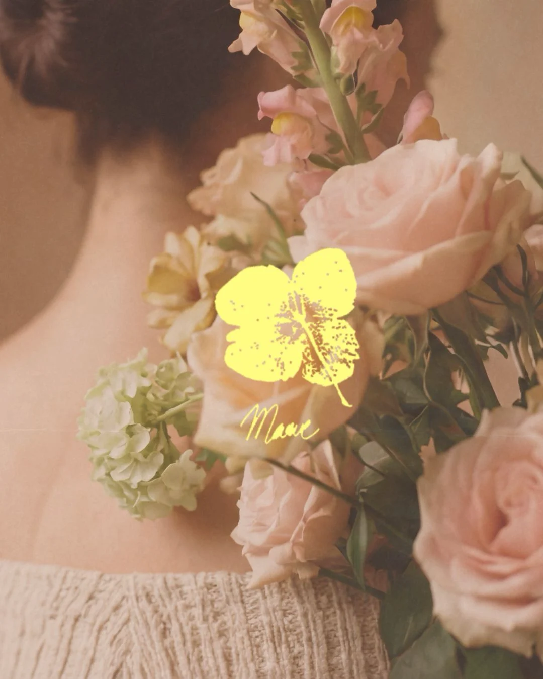 Maeve Wedding Floristry website design with terracotta background, hand-stamped yellow floral logo, handwritten Maeve wordmark, black and white couple photography, and a tulip photo, wedding florist branding by The Good Canvas